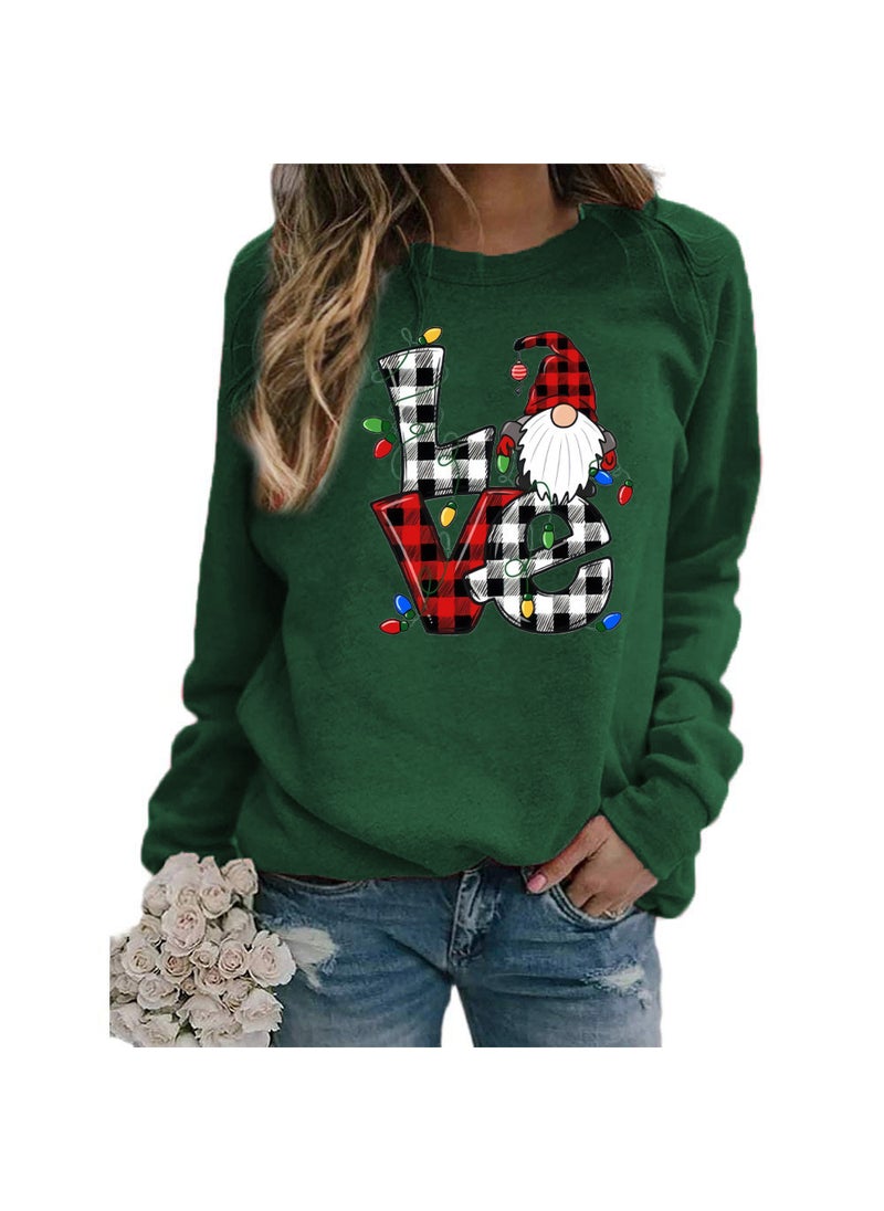 Generic - Christmas Santa Claus Plaid Love Print round Neck Long Sleeve Sweatshirt Jacket Womens European Size Street Style Polyester Green - Image 1