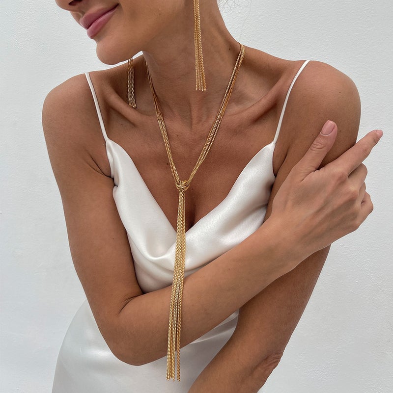 و بسيطة الأعمال طويلة عقدة Tassel قلادة الموضة متعددة الطبقات على شكل Y تصميم حس سلسلة قلادة للنساء - Image 2