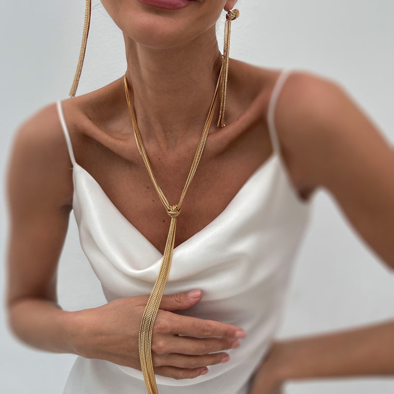 و بسيطة الأعمال طويلة عقدة Tassel قلادة الموضة متعددة الطبقات على شكل Y تصميم حس سلسلة قلادة للنساء - Image 1