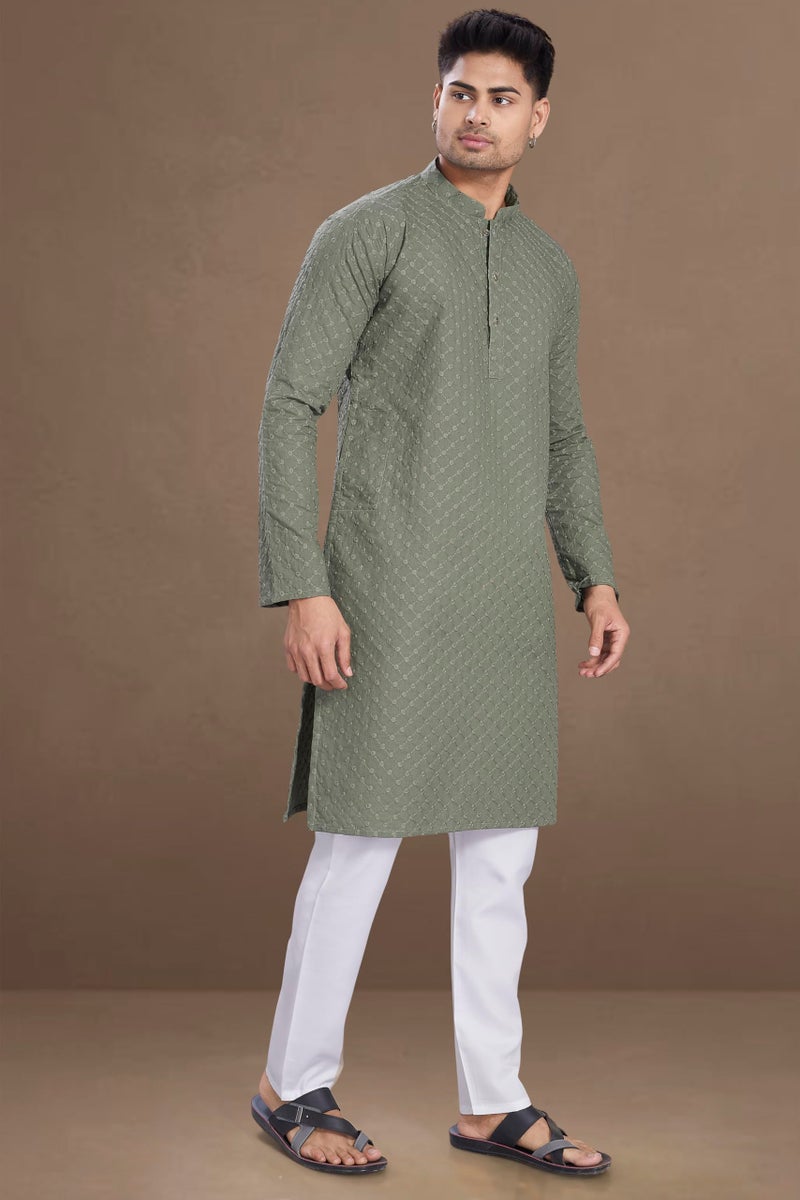 DIVISIVE Men's Thread Embroidered Cotton Only Slim Fit Kurta (DKRT1072_XL_Olive) - Image 4