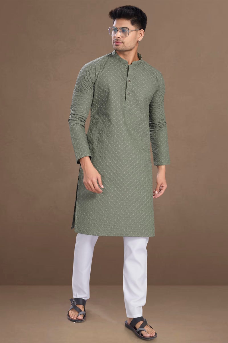 DIVISIVE Men's Thread Embroidered Cotton Only Slim Fit Kurta (DKRT1072_XL_Olive) - Image 3
