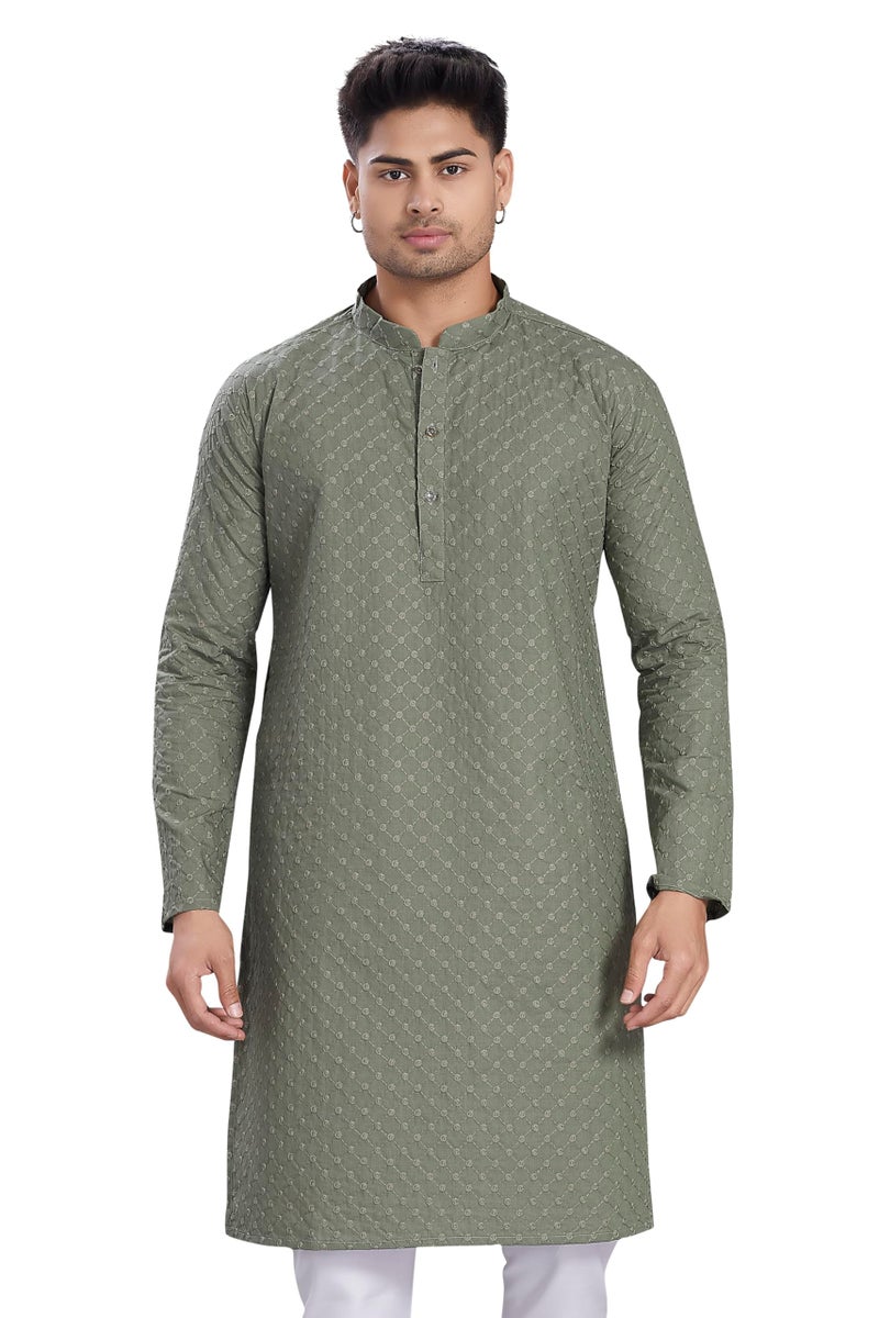 DIVISIVE Men's Thread Embroidered Cotton Only Slim Fit Kurta (DKRT1072_XL_Olive) - Image 1