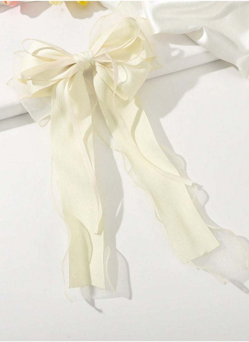 KHAJUL Mesh Ribbon Bow Hair Clip, Silky Satin Large Headband with Oversized Long Tail Bow Hair Clip Hair Accessory Large Bows for Girls Hair (White)  - Image 2