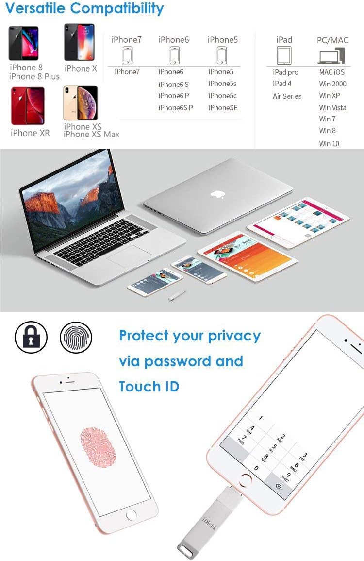 آيديسك محرك أقراص فلاش iOS معتمد من MFi سعة 64 جيجابايت عصا الصور المحمولة لأجهزة iPhone (14/13/12/12 pro/12 pro max/11/11 Pro/XR/X) عصا ذاكرة تخزين صور خارجية لأجهزة iPad لأجهزة MacBook/Laptops/PC عصا الصور - Image 5