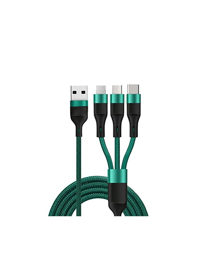 MiOne كابل ميون 3 في 1 66 واط 5 أمبير كابل شحن سريع نايلون، كابل USB A إلى Type-C Micro USB بطول 4 أقدام، يدعم الشاحن السريع متوافق مع آبل/سامسونج/هواوي، لا يدعم الآيباد (أخضر) - Image 2