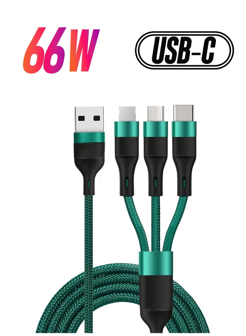 MiOne كابل ميون 3 في 1 66 واط 5 أمبير كابل شحن سريع نايلون، كابل USB A إلى Type-C Micro USB بطول 4 أقدام، يدعم الشاحن السريع متوافق مع آبل/سامسونج/هواوي، لا يدعم الآيباد (أخضر) - Image 1