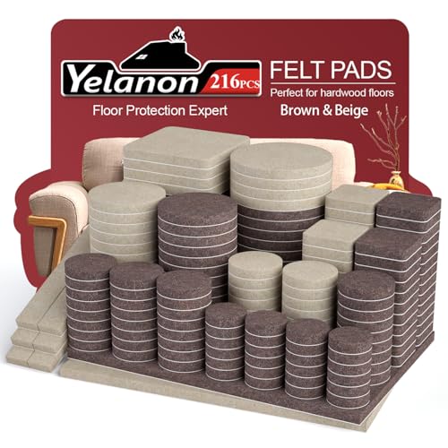 Yelanon Felt Furniture Pads for Hardwood Floors 216 Pcs Premium Felt Pads for Chair Legs Floor Protectors for Furniture Beige Brown