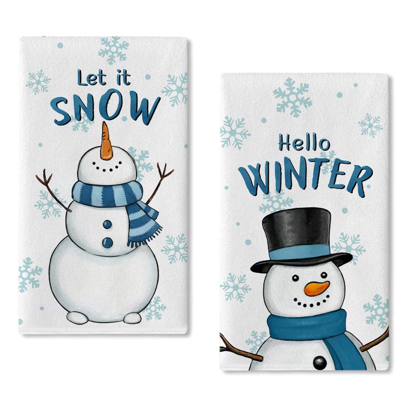 Seliem Hello Winter Blue Snowman Kitchen Dish Towel Set of 2 Sonwy Let it Snow Snowflakes Hand Drying Baking Cooking Cloth Christmas Funny Holiday Xmas Decor Home Decoration 18 x 26 Inch