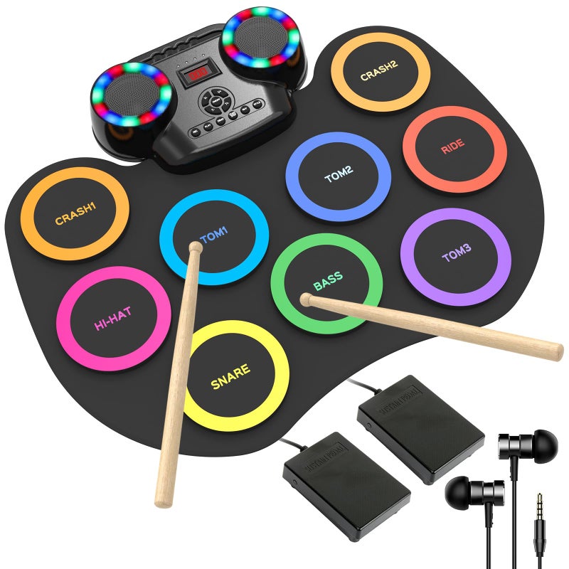 ROCKSOCKI Electronic Drum Set 9Pads with LED Lights Bluetooth Portable Electronic Drum Kit RollUp Practice Drum Pad Builtin Dual Speakers Headphone Holiday Birthday Gift for Kids - Image 2