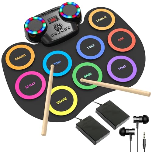 ROCKSOCKI Electronic Drum Set 9Pads with LED Lights Bluetooth Portable Electronic Drum Kit RollUp Practice Drum Pad Builtin Dual Speakers Headphone Holiday Birthday Gift for Kids - Image 1
