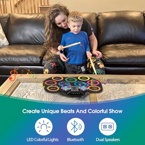 ROCKSOCKI Electronic Drum Set 9Pads with LED Lights Bluetooth Portable Electronic Drum Kit RollUp Practice Drum Pad Builtin Dual Speakers Headphone Holiday Birthday Gift for Kids - Image 3