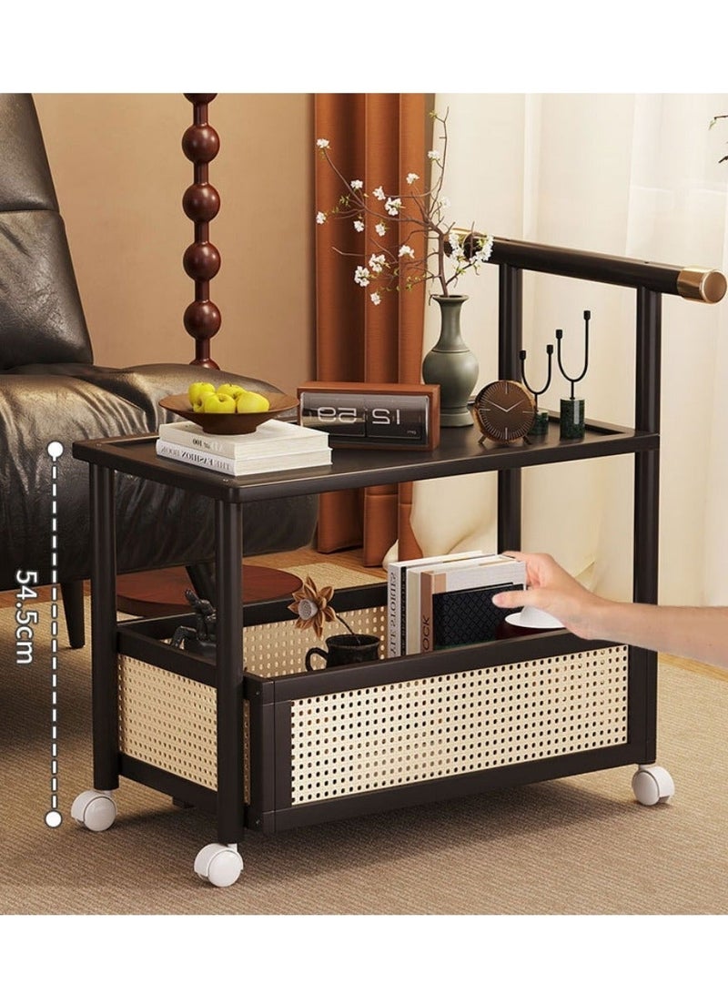 WALALLA 2-Tier Rolling Utility Cart with Handle & Wheels, Portable Coffe Table Rack, Sofa Side Table, Trolley Cart with Storage Basket for Kitchen, Living Room Bedroom, Reading Area - Image 4