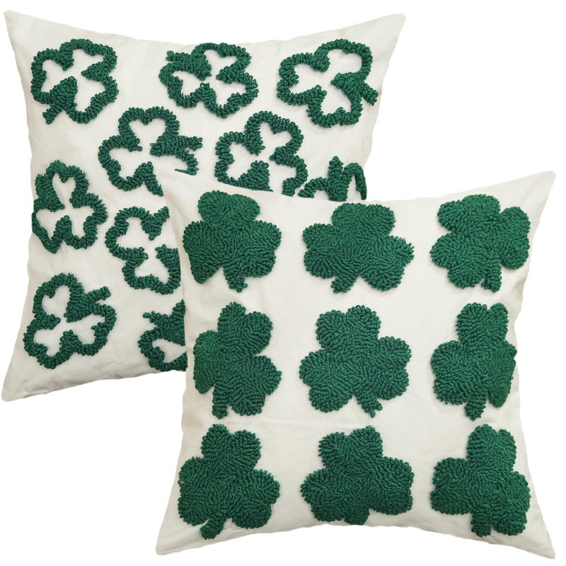 GEEORY St. Patrick's Day Pillow Covers 18x18 Inch Set of 2 - Embroidered Shamrock Canvas Throw Pillow Cases, Farmhouse St. Patrick's Decor Cushion Covers for Sofa Bed Home Decorations - Image 1