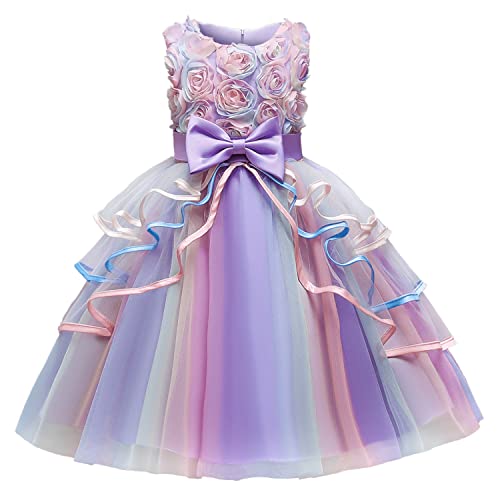 NNJXD Girl Dress Kids Ruffles Lace Party Wedding Dresses Size (130) 5-6 Years Flower 736 Purple - Image 1