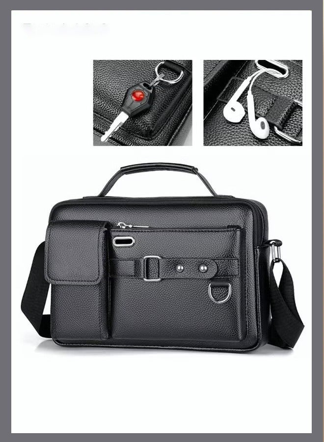 Canway Business Messenger Shoulder Bag PU Leather Retro Chic Handbag Casual Portable Zipper Crossbody Shoulder Bag Husband Gift for Men Travel Work Office Dark Black - Image 1