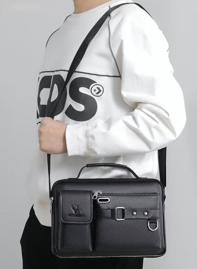 Canway Business Messenger Shoulder Bag PU Leather Retro Chic Handbag Casual Portable Zipper Crossbody Shoulder Bag Husband Gift for Men Travel Work Office Dark Black - Image 3