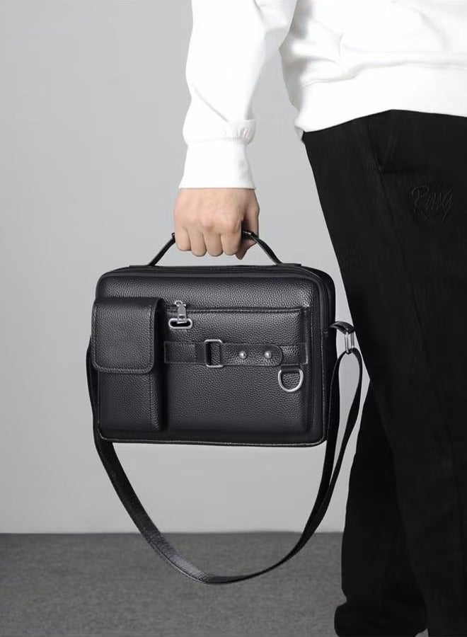 Canway Business Messenger Shoulder Bag PU Leather Retro Chic Handbag Casual Portable Zipper Crossbody Shoulder Bag Husband Gift for Men Travel Work Office Dark Black - Image 4