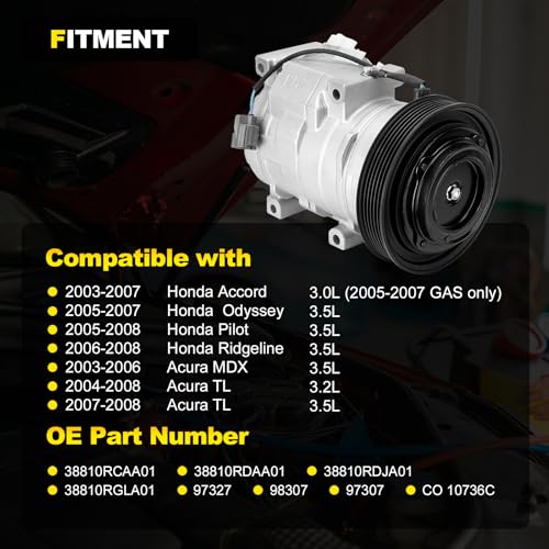 YEHERIT AC Compressor with Clutch with Clutch Compatible with Honda Accord 2003-2007, Odyssey 2005-2007, Pilot 2005-2008, Ridgeline & Acura MDX TL, 3.0L 3.2L 3.5L w/One Plug - Image 2