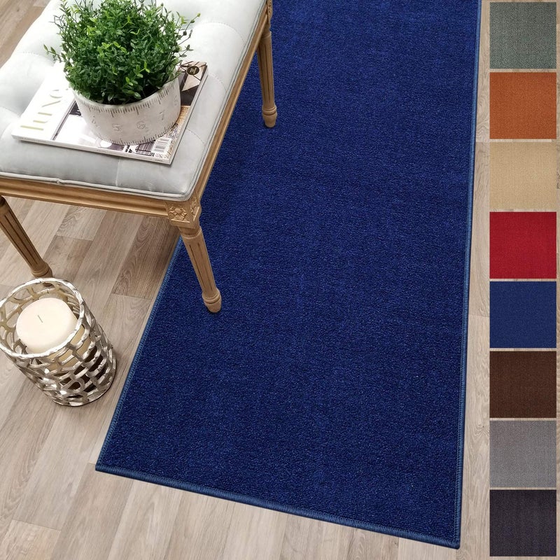Kapaqua Custom Size Blue Solid Plain Rubber Backed NonSlip Hallway Stair Runner Rug Carpet 22 inch Wide Choose Your Length 22in X 3ft