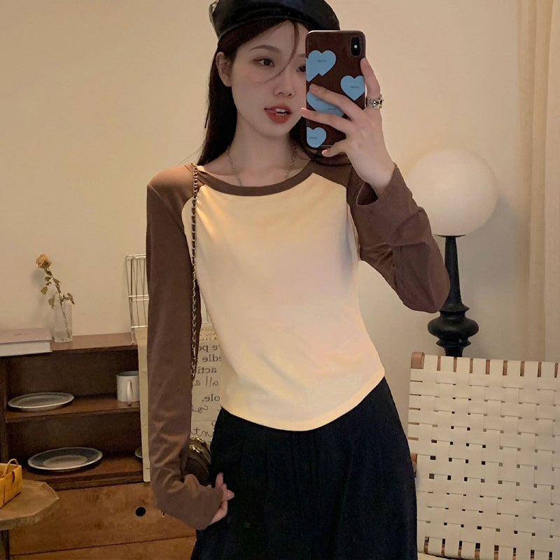 Fall 2023 new Pure Cotton College contrast color slim-fit long sleeve inner and outer wear all-matching Hong Kong style T-shirt womens top Brown - Image 1