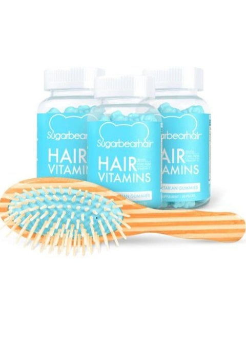 A set of 3 packs of vegan gum with vitamins that are good for hair, each contains 60 pieces of gum and comes with a free brush as a gift