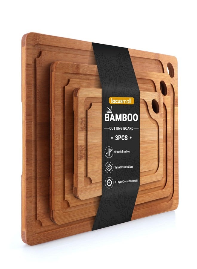 Lacusmall Bamboo Cutting Board for Kitchen, 3Pcs Thickened Wooden Cutting Board Set with Deep Juice Groove, Built-in Handles Durable Chopping Boards for Separating Meat, Vegetables, Fruits, Ideal Gift - Image 1