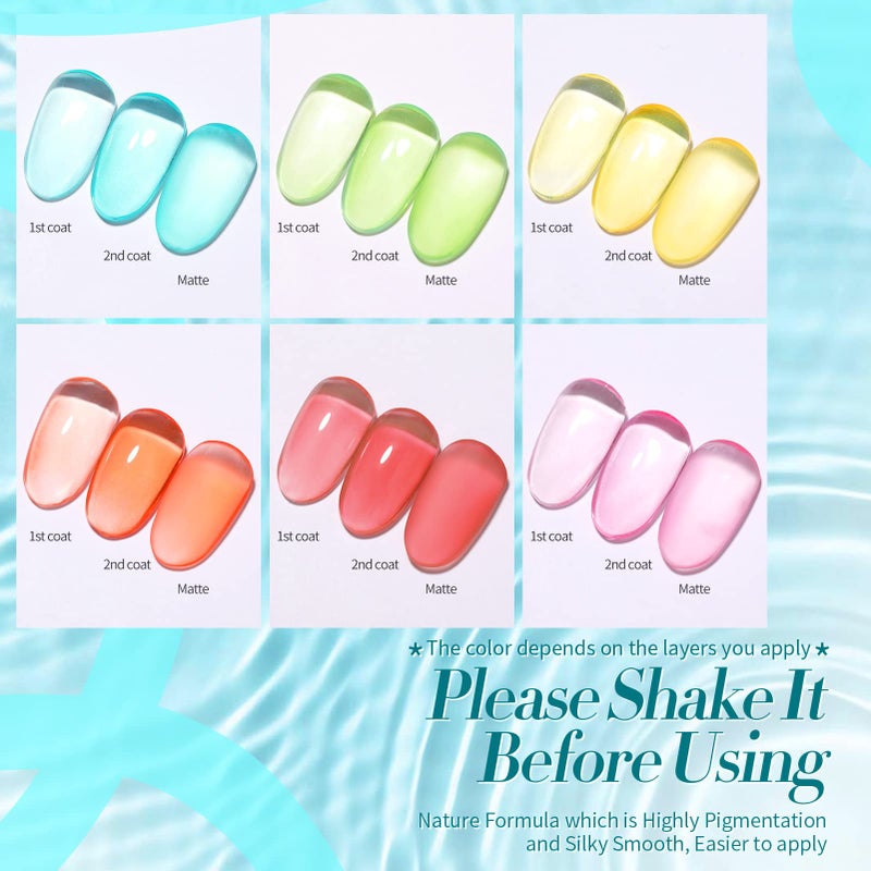 Born Pretty Jelly Gel Nail Polish Set Spring Summer Crystal Glass Translucent Pastel Gel Polish Blue Red Green Yellow Pink Soak Off U v Gel Polish 7ML 6PCS - Image 2