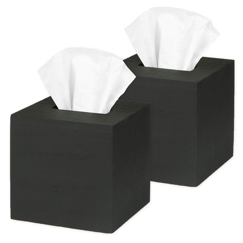 Ilyapa Wood Tissue Box Cover 2 Pack Square  Rustic Farmhouse Black Wooden Tissue Holder