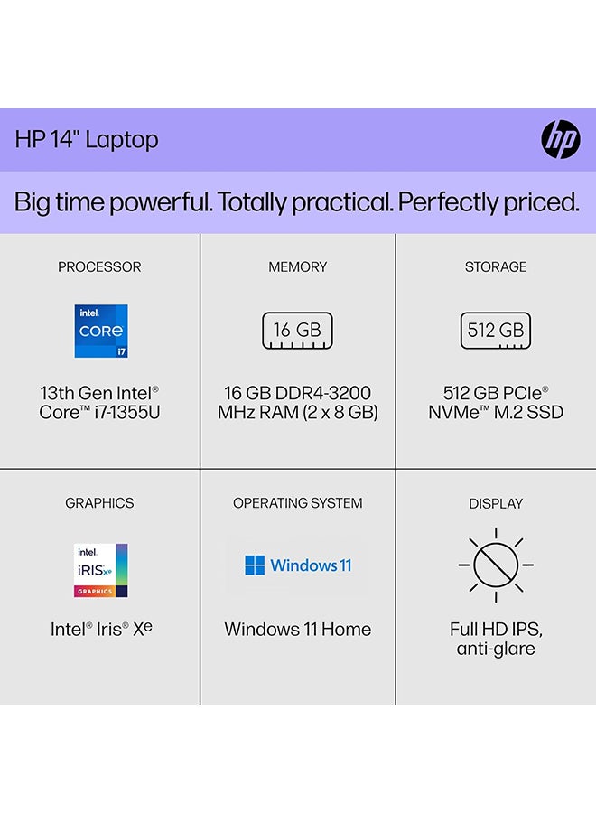 HP لابتوب ‎9Z0K9UA#ABA بشاشة 15.6 بوصة بدقة Full HD، مع معالج Core i7-1355U/ذاكرة RAM سعة 16GB/قرص SSD سعة 512GB/رسومات Intel Iris xe/نظام Windows 11 Home - Image 2