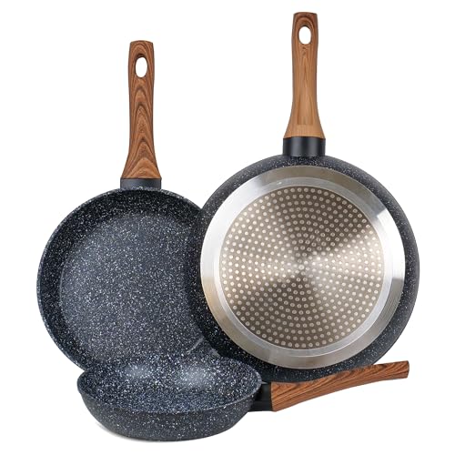 wellhouse 3PCS Non Stick Frying Pan Set Saute Fry Pan Granite Skillet Egg Omelette Pans HeatResistant Handle Nonstick Pots and Pans Cookware Set with Wood Detachable Handle