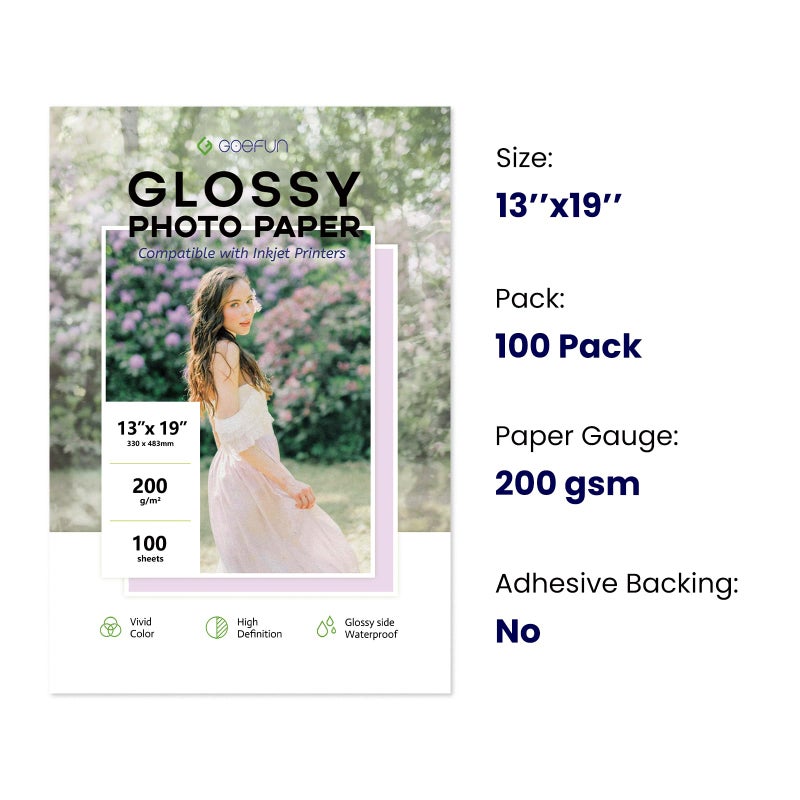 Goefun 13x19 Photo Paper Glossy, Goefun 200 GSM/54 LB Printer Photo Paper for Inkjet Printer and Dye Ink, 100 Sheets - Image 2
