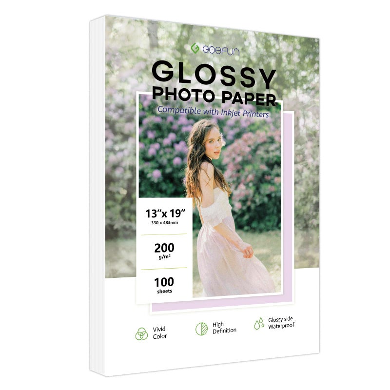 Goefun 13x19 Photo Paper Glossy, Goefun 200 GSM/54 LB Printer Photo Paper for Inkjet Printer and Dye Ink, 100 Sheets - Image 1