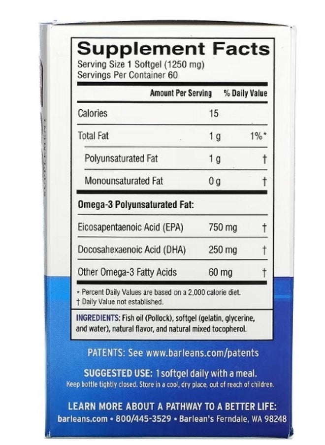 BARLEAN'S - Ideal Omega 3 Orange 1000 mg EPA DHA 60 Softgels - Image 1