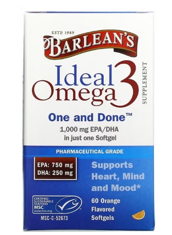 BARLEAN'S - Ideal Omega 3 Orange 1000 mg EPA DHA 60 Softgels - Image 1