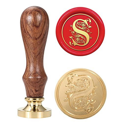 Yoption Letter S Wax Seal Stamp, Yoption Vintage Floral Brass Head Wooden Handle Alphabet Initial Sealing Stamp for Wedding Party Invitation (S) - Image 1