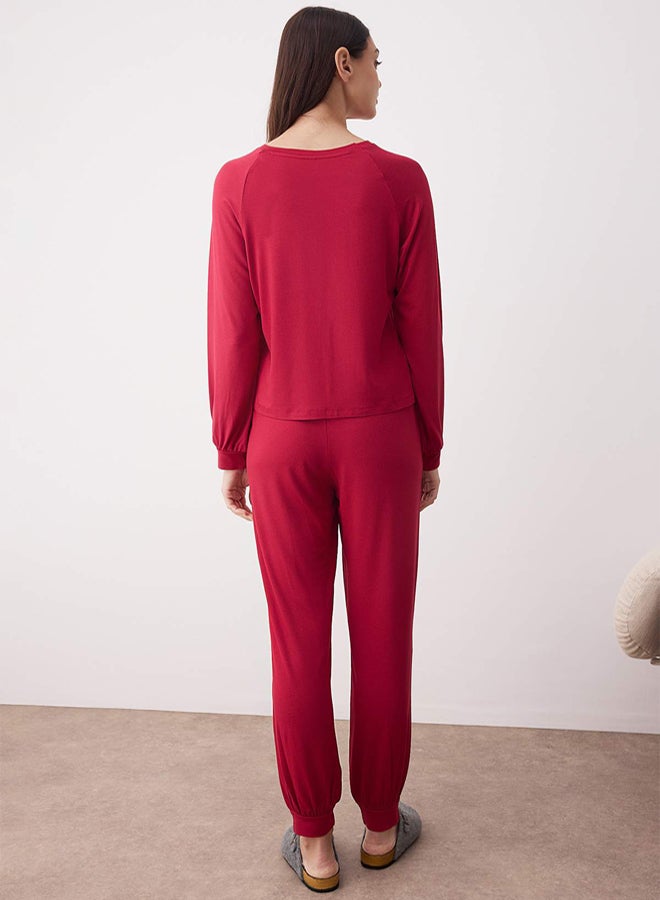 trendyol Burgundy Raglan Sleeve Viscose Knitted Pajama Set - Image 4