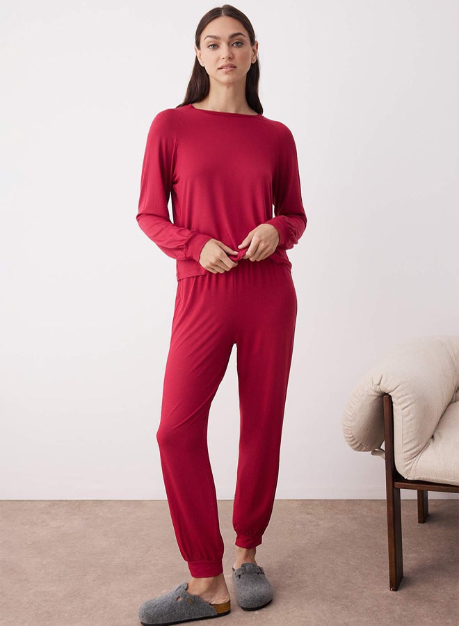 trendyol Burgundy Raglan Sleeve Viscose Knitted Pajama Set - Image 1