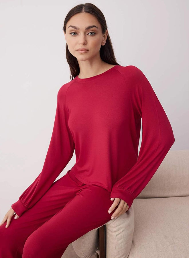 trendyol Burgundy Raglan Sleeve Viscose Knitted Pajama Set - Image 2