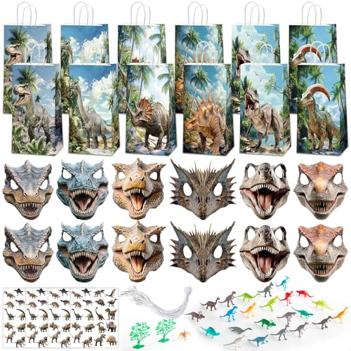 CHUNNIN 128PCS Dinosaur Party Favors Dino Themed Paper Goodie Bags Masks Sticker and Toys Jungle Safari Theme Birthday Supplies Gifts for Pinata Filler School Carnival Prize - Image 1