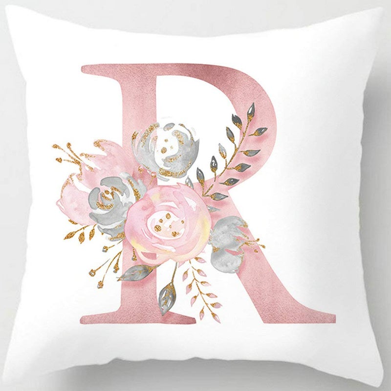 Tillskuch Pink Throw Pillow Covers Cute Alphabet Decorative Cushion Covers Square Letter Throw Pillows Protectors for Sofa Couch Bedroom Chair Home Decor 18 x 18 Inch(R) - Image 1