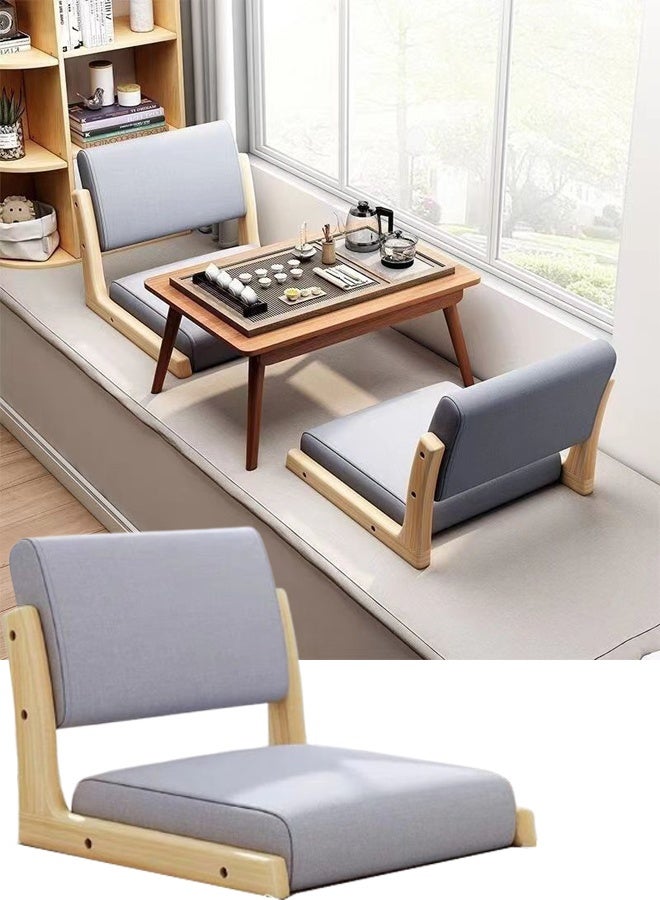 TAPIT Floor Chair with Back Support Japanese Style Floor Chair Wood Legless Tatami Chair with Cushion Accent Meditation Floor Seat for Bay Window Living Room Bedroom (Grey) - Image 1
