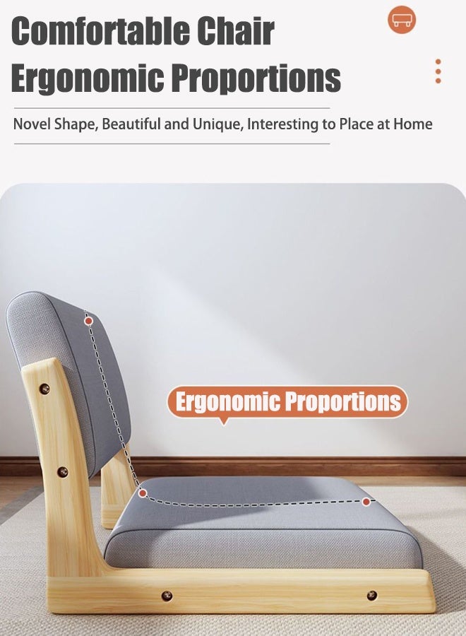 TAPIT Floor Chair with Back Support Japanese Style Floor Chair Wood Legless Tatami Chair with Cushion Accent Meditation Floor Seat for Bay Window Living Room Bedroom (Grey) - Image 2