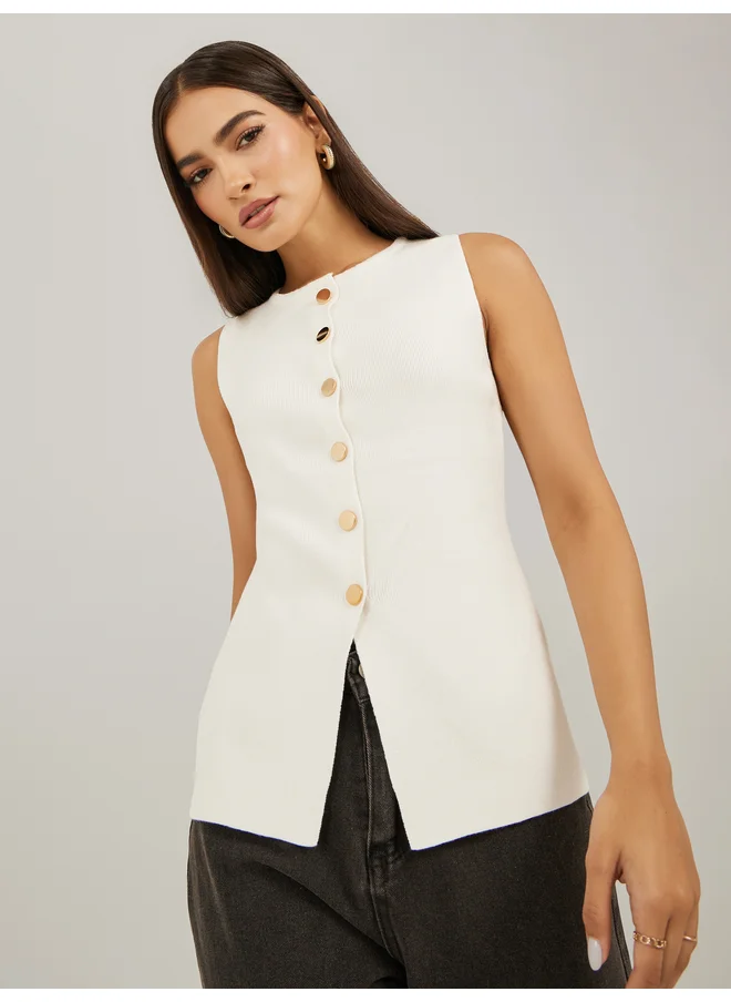 ستايلي Styli Plain Sleeveless Waistcoat Look Knit Top