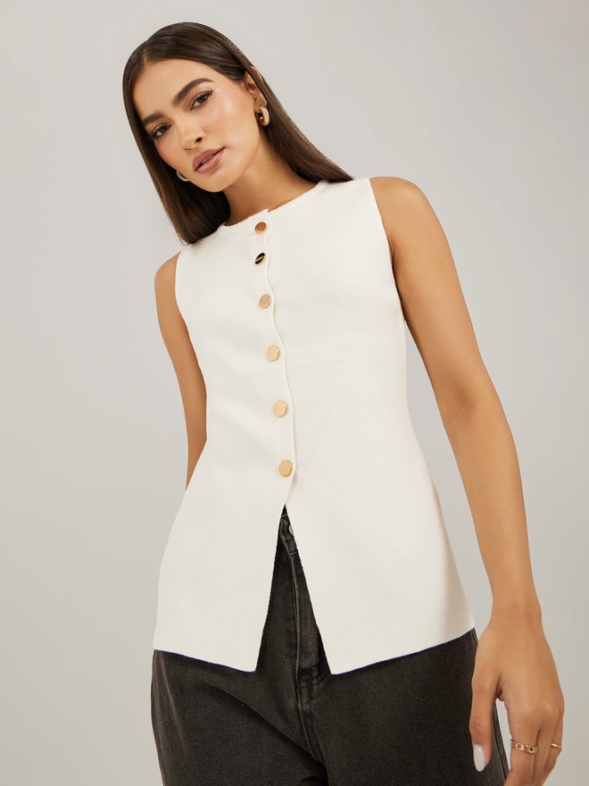Styli Styli Plain Sleeveless Waistcoat Look Knit Top  - Image 1