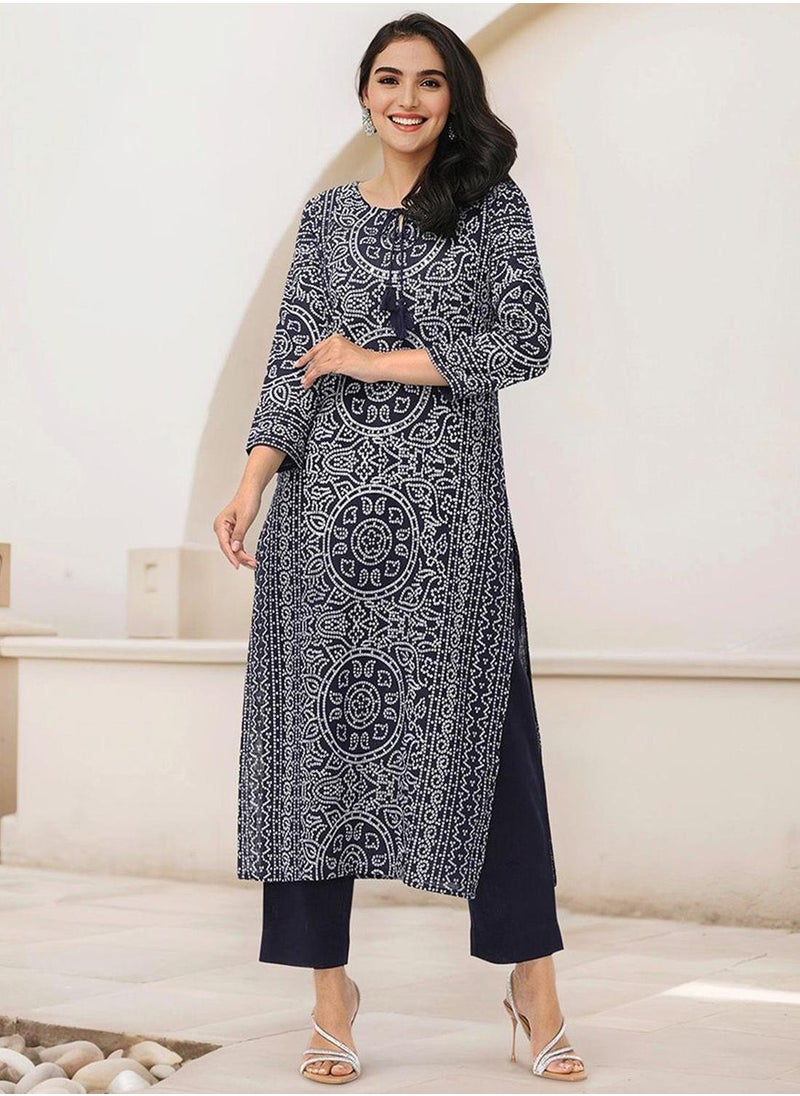 ISHIN Navy Blue Kurta Set Straight Fit 3/4 Sleeve Sleeve made from Cotton featuring Self Design design and Round Neck neckline - Perfect for Ethinic!  - Image 1