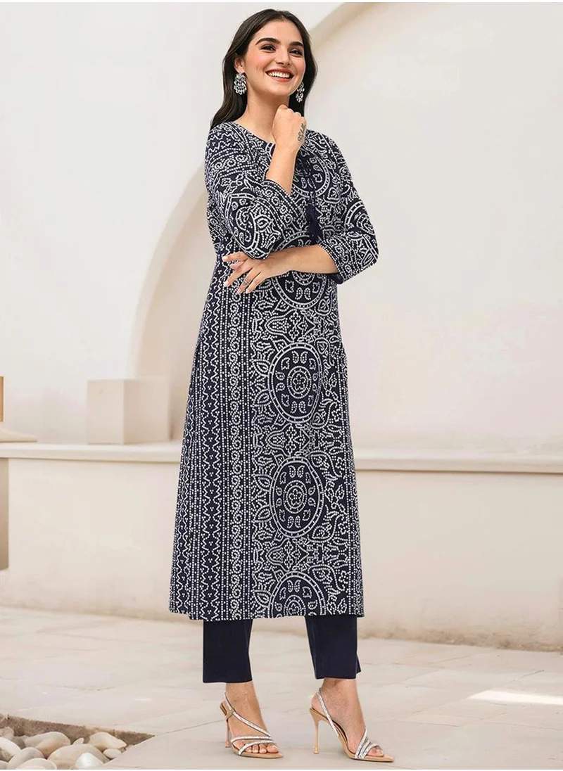 ISHIN Navy Blue Kurta Set Straight Fit 3/4 Sleeve Sleeve made from Cotton featuring Self Design design and Round Neck neckline - Perfect for Ethinic!