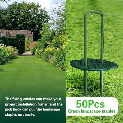 Xfopz 50pcs Green Artificial Turf Stakes Staples + 50pcs Buffer Washer, Gauge Landscape Staples Set, Galvanized Lawn Spikes, Heavy Duty Yard Ground Pin for Grass Weed Barrier Sod Fabric or Camping - Image 3