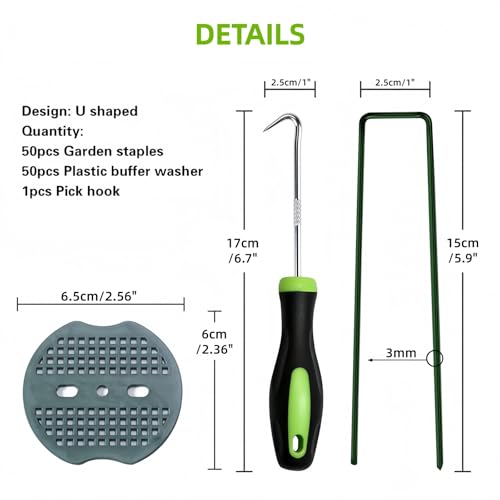 Xfopz 50pcs Green Artificial Turf Stakes Staples + 50pcs Buffer Washer, Gauge Landscape Staples Set, Galvanized Lawn Spikes, Heavy Duty Yard Ground Pin for Grass Weed Barrier Sod Fabric or Camping - Image 2