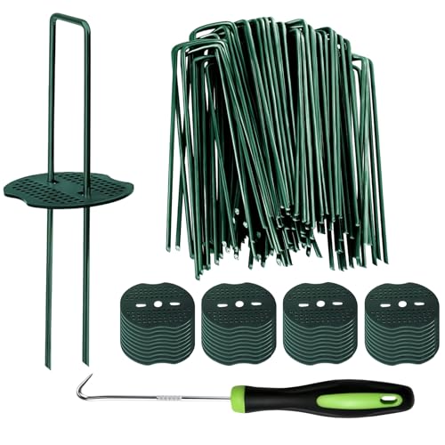 Xfopz 50pcs Green Artificial Turf Stakes Staples + 50pcs Buffer Washer, Gauge Landscape Staples Set, Galvanized Lawn Spikes, Heavy Duty Yard Ground Pin for Grass Weed Barrier Sod Fabric or Camping - Image 1