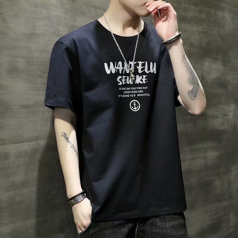 2021 Summer Men'S Short Sleeve T-Shirt Korean Trend Round Neck Letter Printing Student Casual Base Shirt - Image 2